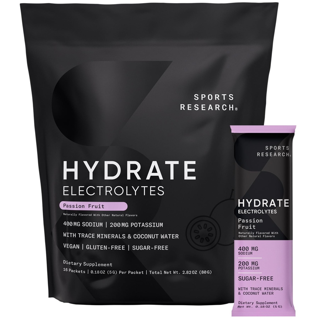 Sportsforskning ® Hydrate Electrolytes Powder Packets - Sugar- Free & Naturligt tilsat vitaminer, mineraler og kokosvand - Understøtter hydrering - 16 Packets - Passionsfrugt