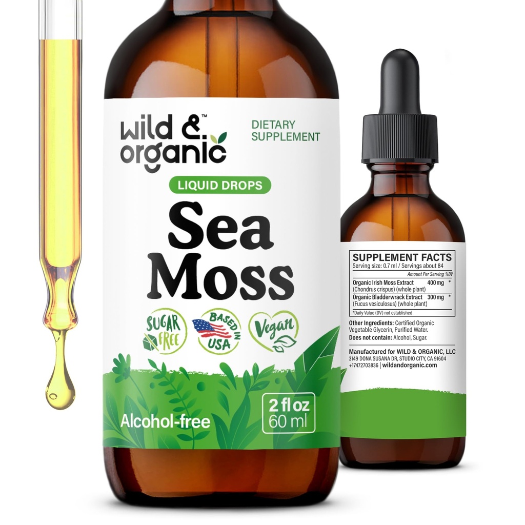 Wild & Organic Sea Moss Liquid Drops - Immunstøtte - Irish Sea Moss og Bladerwrack Tinktur - Multimineral Chondris Crispus Supplement - Vegan, Sukker & Alkohol- Free - 2 fl oz