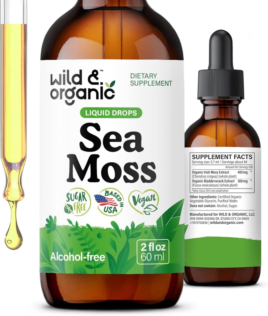 Wild & Organic Sea Moss Liquid Drops - Immunstøtte - Irish Sea Moss og Bladerwrack Tinktur - Multimineral Chondris Crispus Supplement - Vegan, Sukker & Alkohol- Free - 2 fl oz