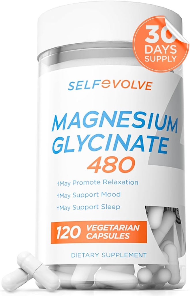 Magnesium Glycinat 480mg - Høj Absorption Magnesiumtilskud Support Stress Relief, Sleep, Heart Health, Nerves, Muscles, og Metabolisme, 120 Veggie Kapsler, 1 Måned Supply