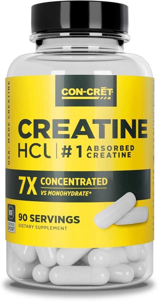 CON-CRET Creatine HCl Capsules | Muscle, Cognitive, Cellular Energy Support | No Bloating or Cramps | USA Made & NSF Certified | Creatine Pills (90 ct)