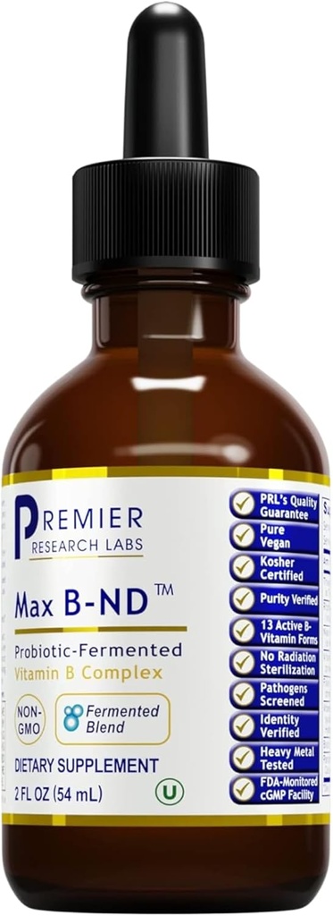 Premier Research Labs Max B- ND flydende Vitamin - B- Complex for lever & hjerne sundhed - Sublingual Drops for Energy, Immunum & Adrenal Support - 2 fl oz - Thiamin, B12, B6 & mere - for mænd, kvinder