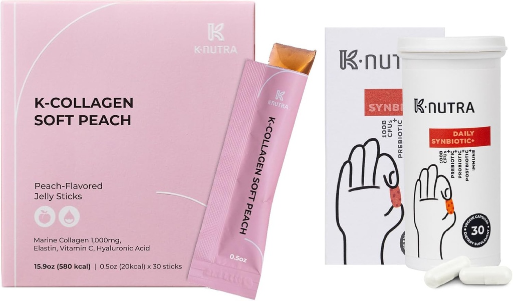 Daily Synbiotic + (30 Caps) 100B CFU, Kimchi Postbiotic & K- Collagen Soft Peach Collagen Jelly (30 Caps) - fordøjelsesbesvær og hudsundhed