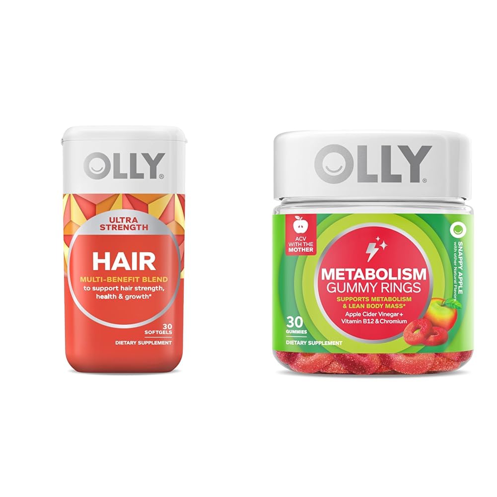 OLLY Ultra Strength Hår Softgels, Understøtter hårsundhed, Biotin, Keratin & Metabolisme Gummy Ringe, Apple Cider Vincils, Vitamin B12, Chrom