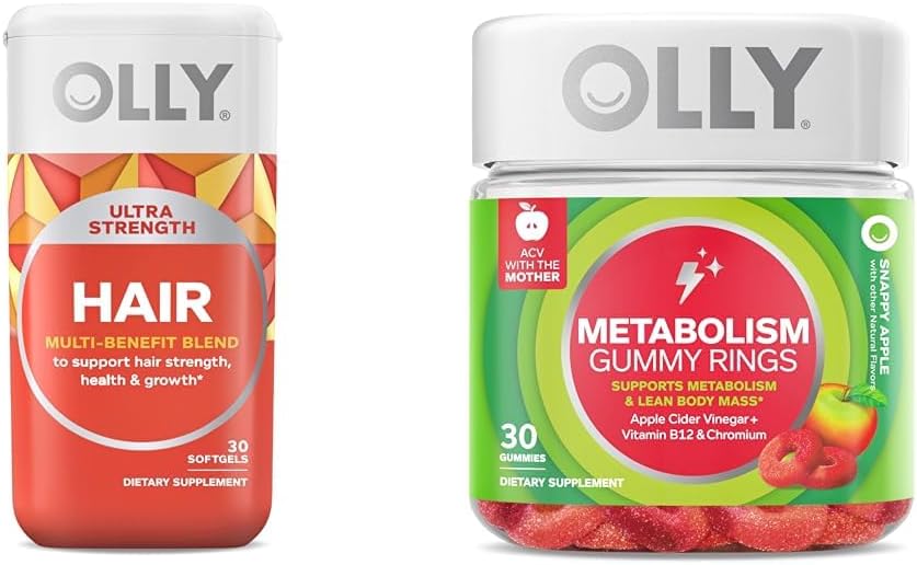 OLLY Ultra Strength Hair Softgels, Supports Hair Health, Biotin, Keratin & Metabolism Gummy Rings, Apple Cider Vinegar, Vitamin B12, Chromium