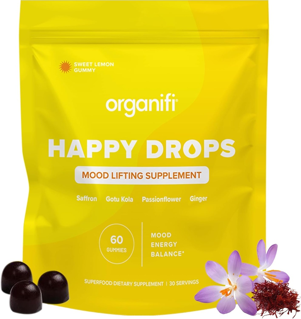 Organifi Happy Drops - Daily Superfood Happy Gummies for Voksen- Mood Support for Balance, Bliss, Energy and Taking The Edge Off - Sweet Lemon Flavor - 60 Gummies