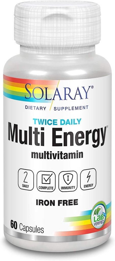 SOLARAY to gange dagligt Multi Energy Multivitamin, Iron Free Measurement 124; Komplet Multi til immun- og energistøtte 124; Non- GMO Measurement 124; 120ct (30 Serv, 60 CT)