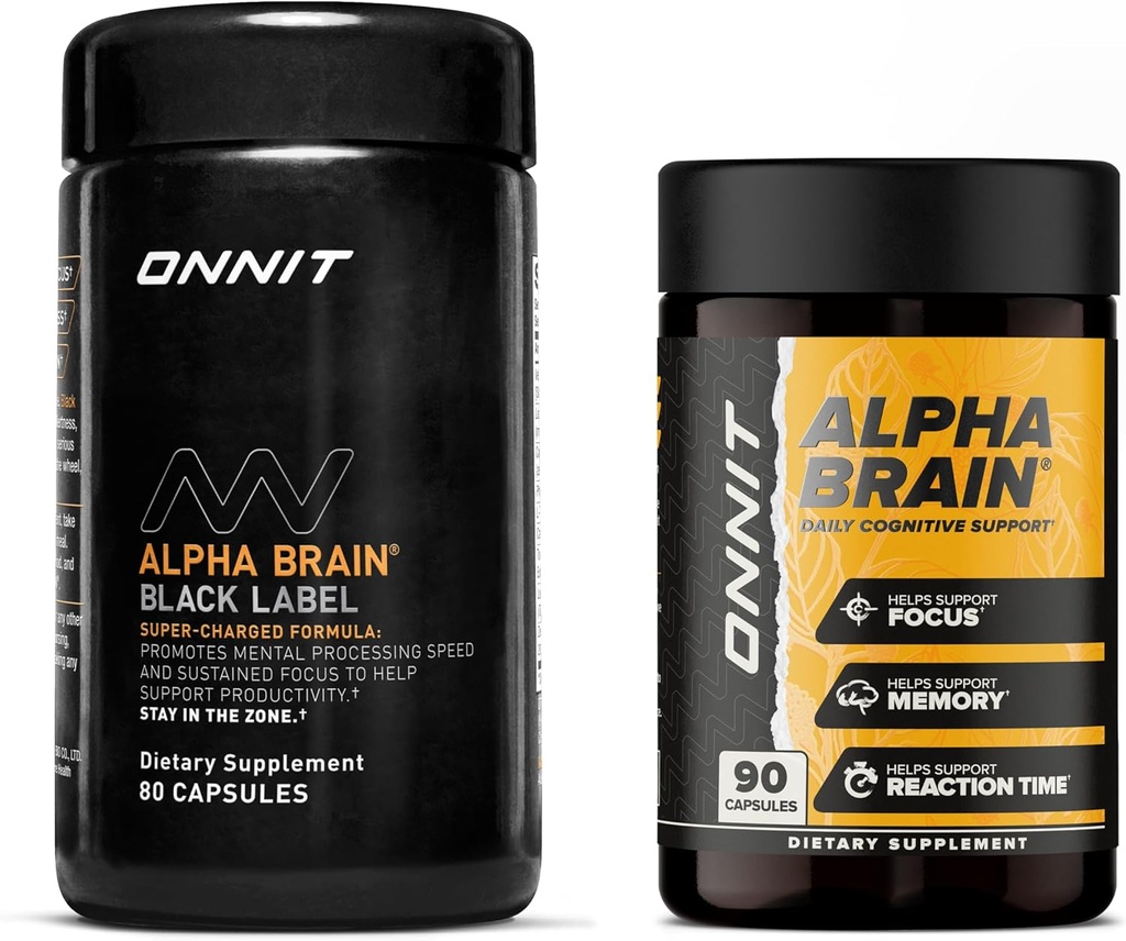 ONNIT Premium Alpha Brain Bundle - Nootrop Brain Supplement (90 Ct) + Black Label Citicoline Mental Speed, Opmærksomhed & Kognitiv Support Supplement (80 Ct) - fremmer fokus, koncentration og hukommelse
