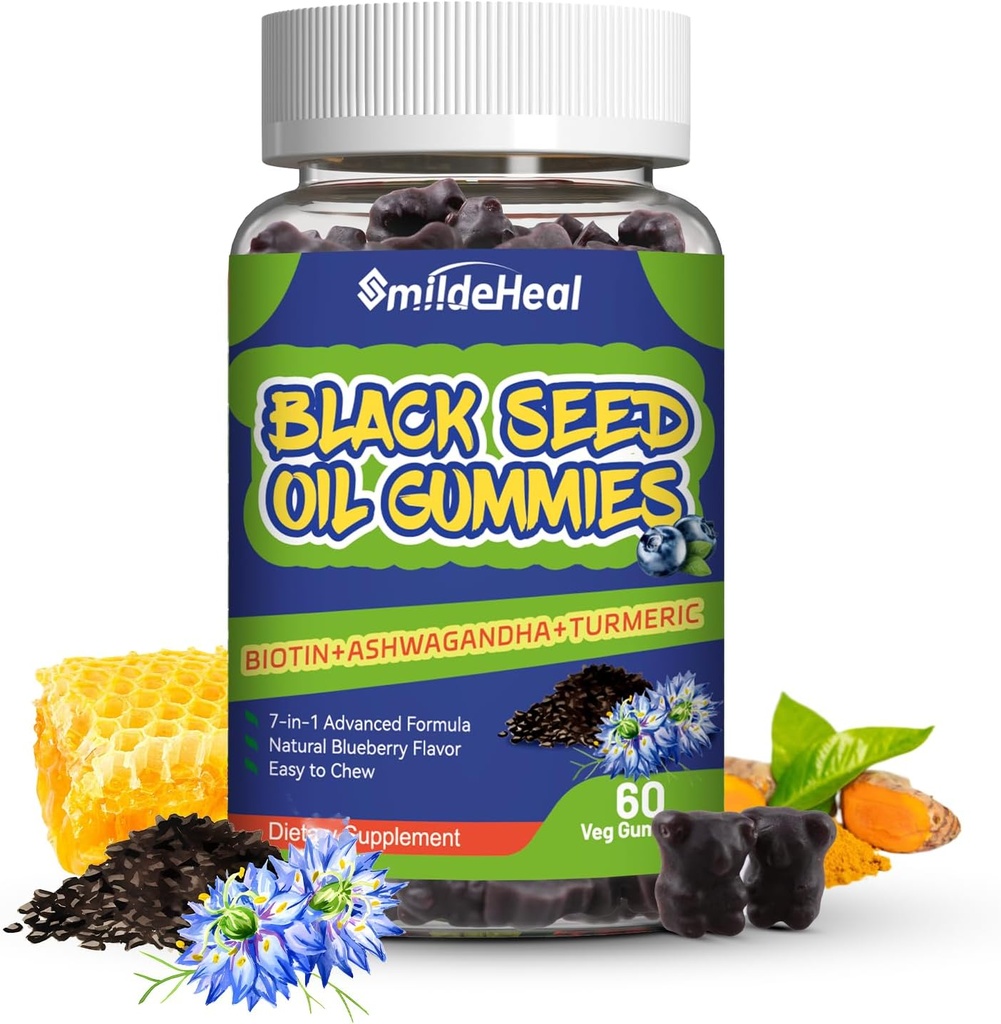 Black Seed Oil Gummies, Organic Black Cumin Seed Oil Gummies, Black Cumin Seed Oil Organic 500mg, Chewable Black Seed and Honey Gummies, Vegan, 60 Gummies