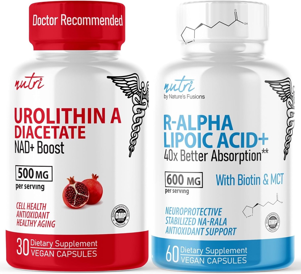 Nature's Fusions Urolithin A Diacetate 500mg & R Alpha Lipoic Acid 600mg (60 Capsules) - Antioxidant/Energy Bundle