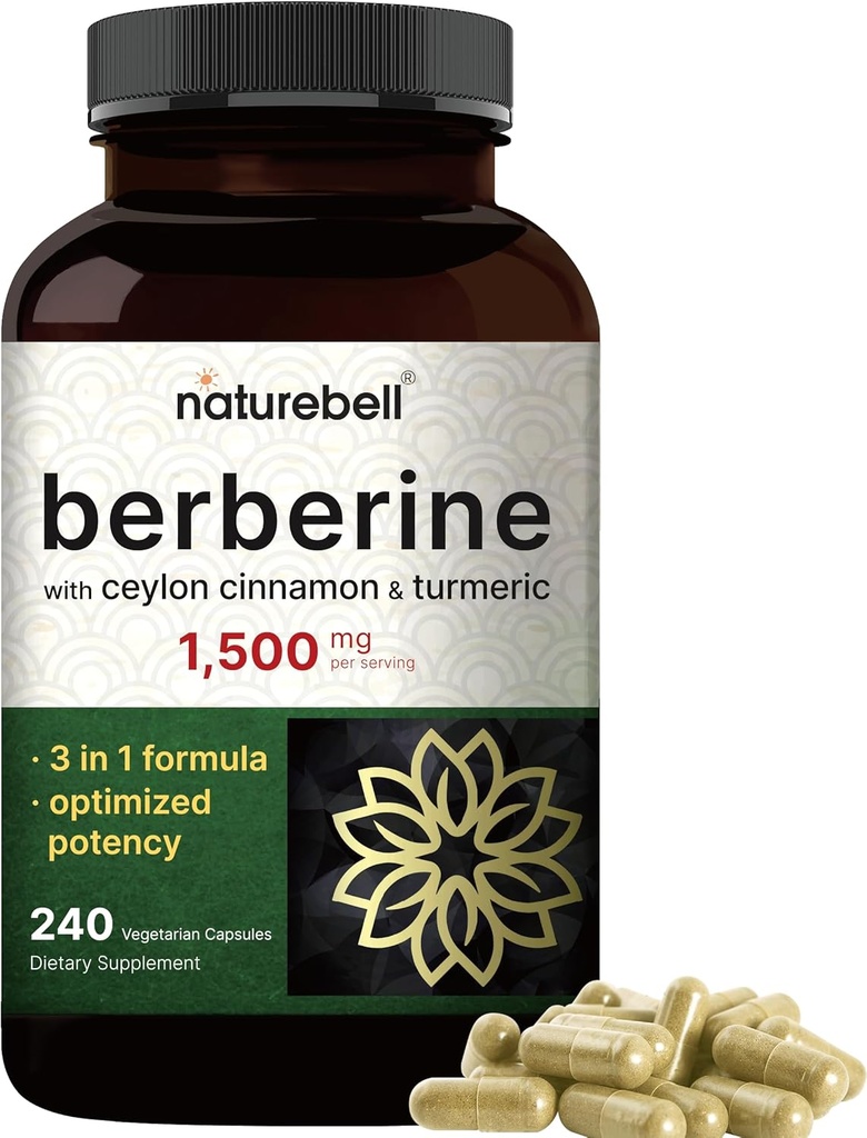 Berberine Supplement 1500mg med 1000mg Ceylon Cinnamon & 300mg Gurkemeje, 240 Veggie Kapsler 124; 97% Pure Berberine HCL