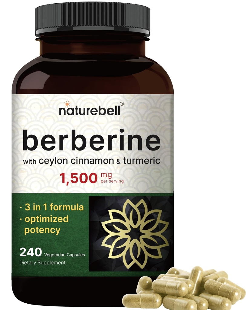 Berberine Supplement 1500mg med 1000mg Ceylon Cinnamon & 300mg Gurkemeje, 240 Veggie Kapsler 124; 97% Pure Berberine HCL