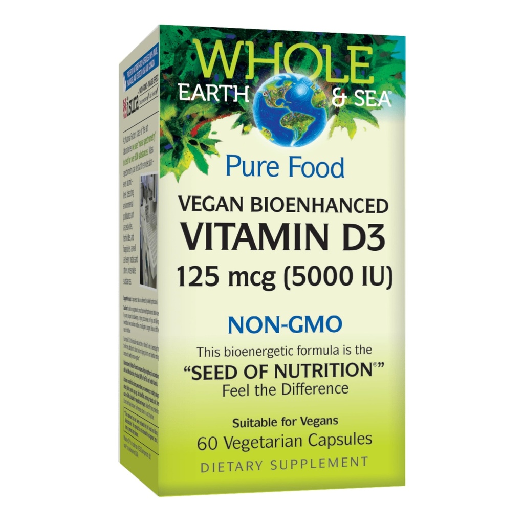 Naturlige faktorer hele Jorden & Hav Vitamin D3 125mcg (5.000 IE), Vegan Bioenhanced, 60 Vegetariske kapsler