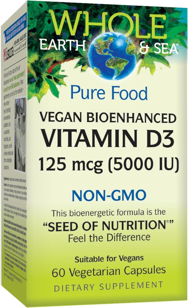 Naturlige faktorer hele Jorden & Hav Vitamin D3 125mcg (5.000 IE), Vegan Bioenhanced, 60 Vegetariske kapsler