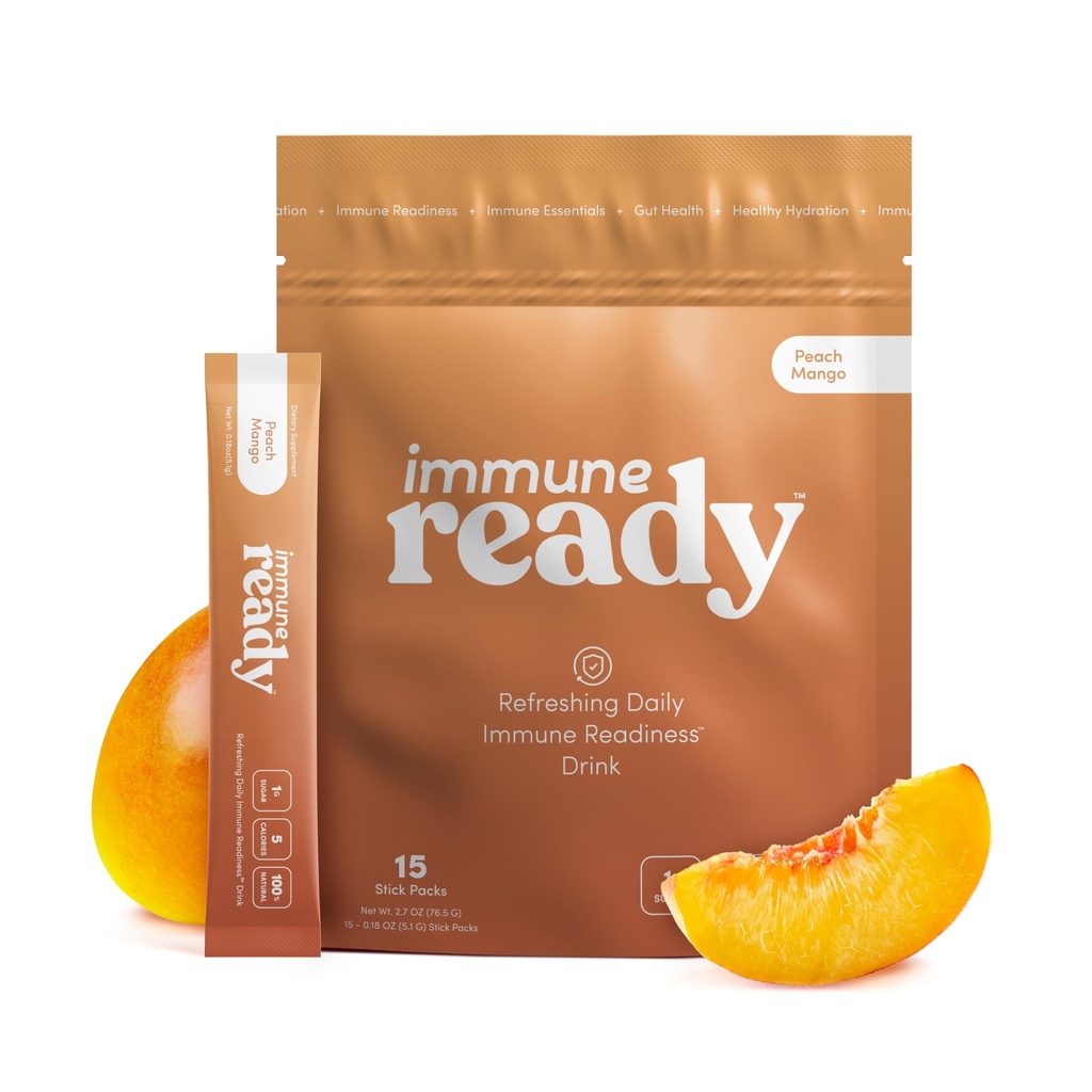 Immunready ™ Elektrolytter Powder Pakker - Immunitet Boost Drink Mix med C-vitamin, Zink Picolinat, Inulin Powder & Beta Glucan - Sugar- Free Peach- Mango, 15 Servere