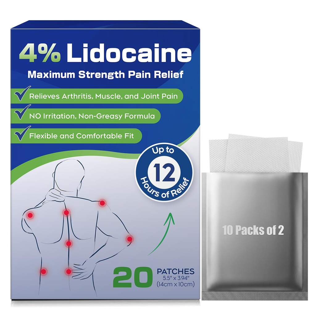 Uposiut 4% Lidocain Patches, 20 Greve Patches Maksimal Styrke Lidocain Patches (20 Patches), for Muskel Smerte Relief i Halsen, Skuldre, Tilbage, Knæler, og Anks, 12 timers Smerte Relief- 012345