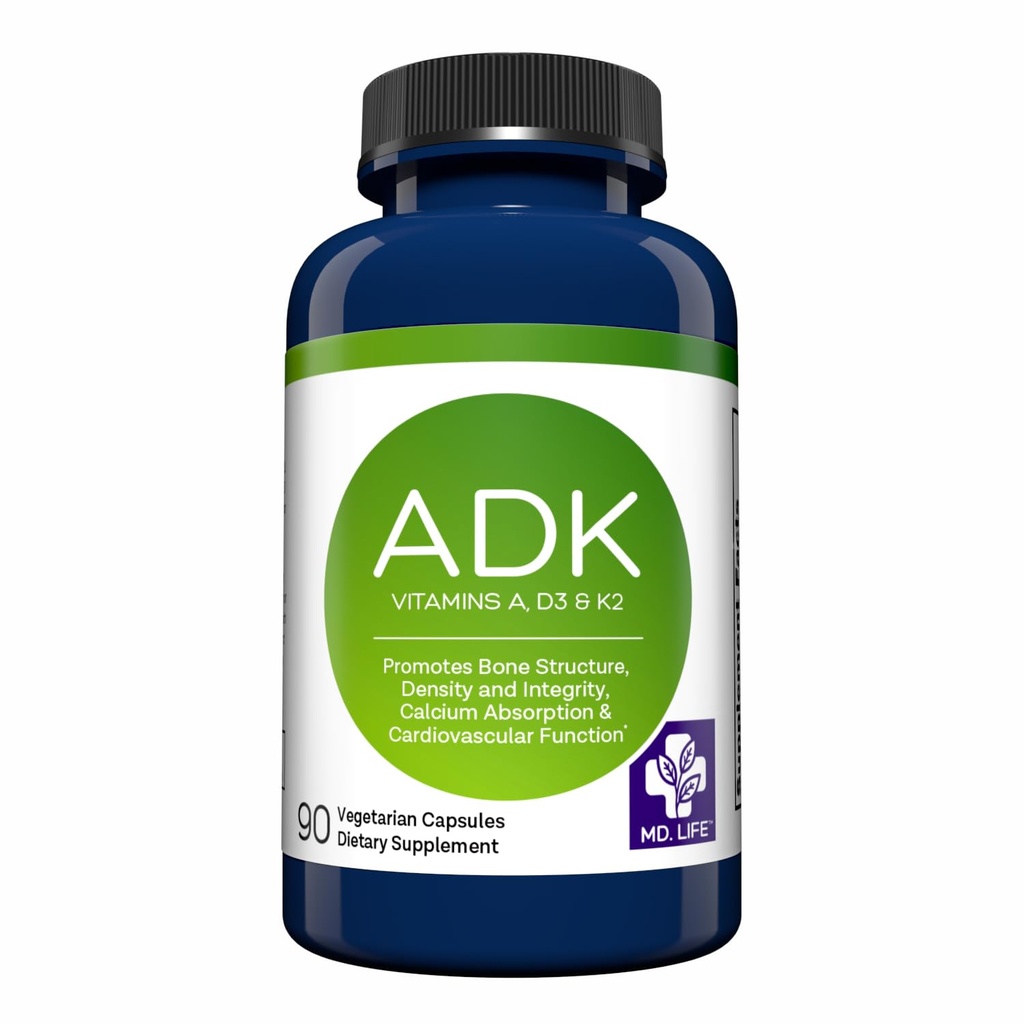 MD.Life ADK Vitamin Supplement - Vitamin D3 K2 og A Complex - 120 Kapsler - Høj potens Vitamin ADK for ben og hjerte sundhed støtte