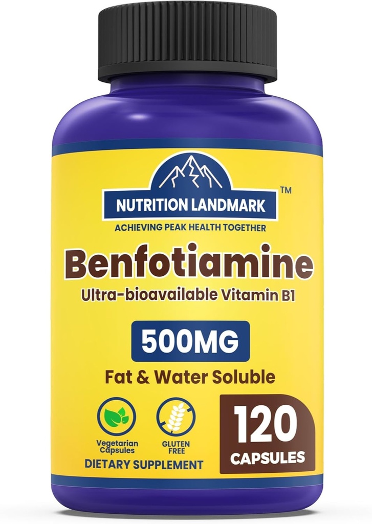 Benfotiamin 500 mg per servering, 120 Veggie kapsler (250 mg per kapsel) - Fat Opløselig vitamin B1 Thiamin supplement - 3. part testet, Vegan, Non- GMO, Gluten Free