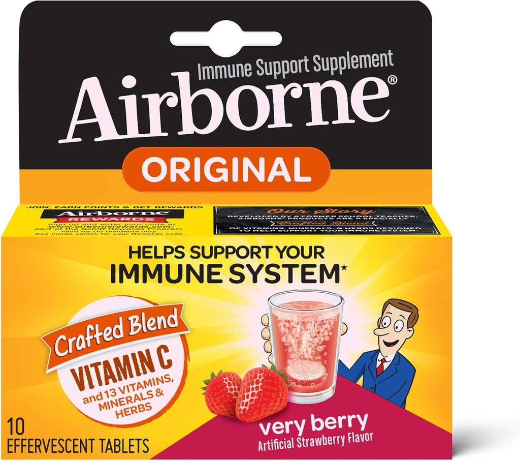 Airborne Very Berry Effervescent Tablets, 10 Count - 1000 mg C-vitamin - immuntilskud (Packaging May Vary) (pakning med 3)
