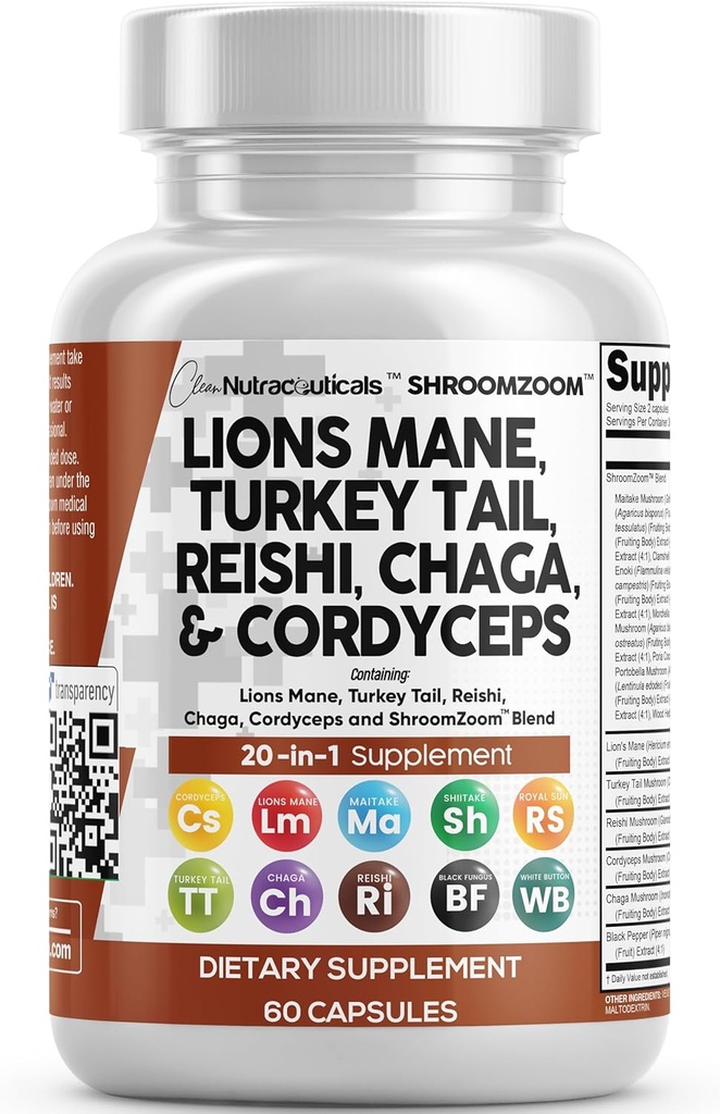 Clean Nutracatives Lions Mane 20in1 Mushroom Supplement med Tyrkiet Tail Reishi Cordyceps Chaga Maitake Meshima Poria Cocos Shiitake Oyster Porcini Enoki - 1 pakke