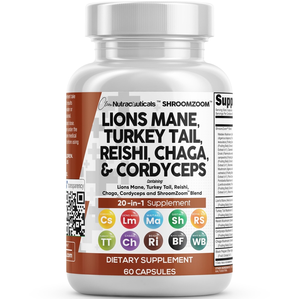 Clean Nutracatives Lions Mane 20in1 Mushroom Supplement med Tyrkiet Tail Reishi Cordyceps Chaga Maitake Meshima Poria Cocos Shiitake Oyster Porcini Enoki - 1 pakke