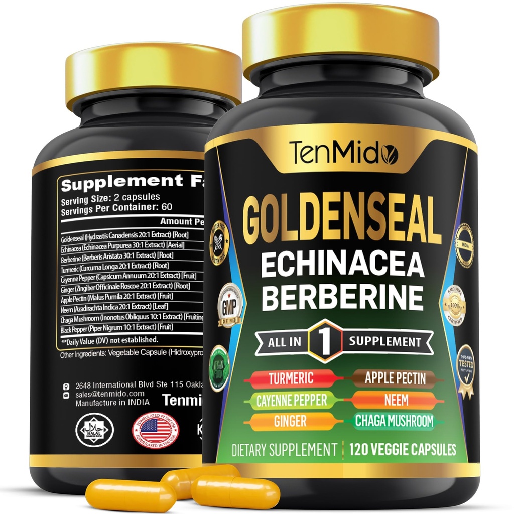 Goldenseal Root Supplement - 10in1 Formel - Kombiner med Echinacea, Berberine, gurkemeje, Cayenne Pepper, Ingefær, Apple Pectin, Neem, & Mere - fordøjelsessygdomme support - 120 kapsler