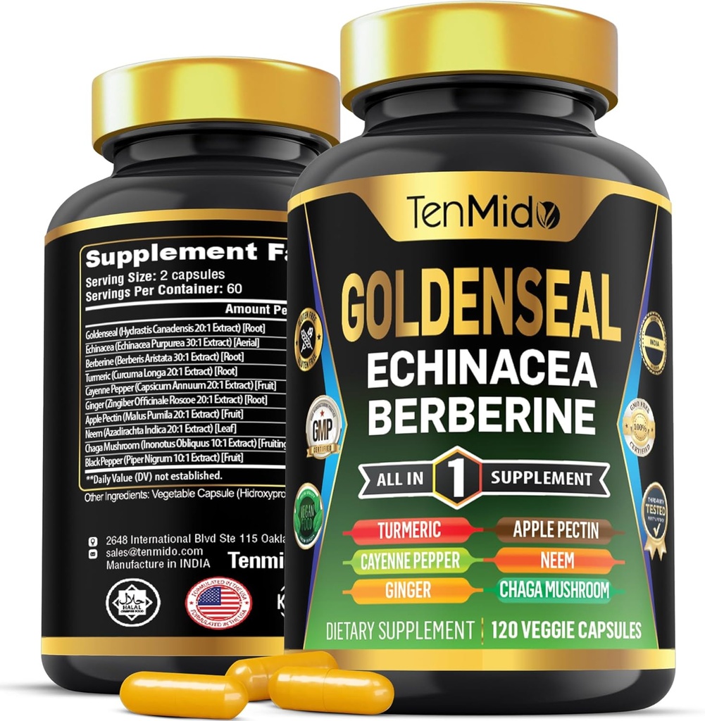 Goldenseal Root Supplement - 10in1 Formel - Kombiner med Echinacea, Berberine, gurkemeje, Cayenne Pepper, Ingefær, Apple Pectin, Neem, & Mere - fordøjelsessygdomme support - 120 kapsler