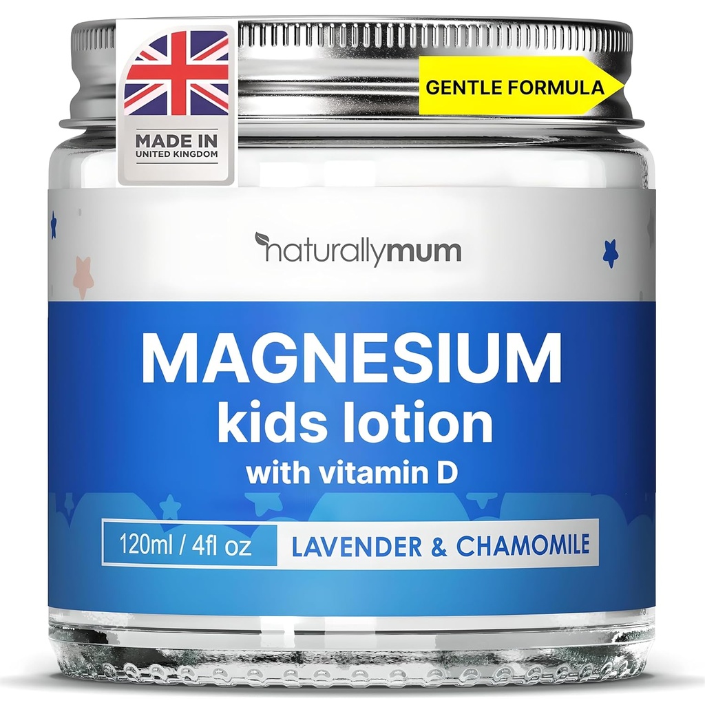 NaturallyMum Kids Magnesium Bedtime Lotion with Vitamin D | Support for Sleep, Heart, Bone, Nerve, Gut and Muscle Health | Alternative to Melatonin | Lavender & Chamomile 4.2 fl oz