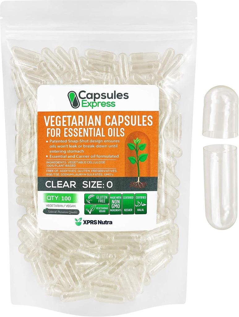 XPRS Nutra Størrelse 0 Tomme Veganske Kapsler - 100 Grev Clear Veggie Kapsler til Essential Oil - Tomme Vegetabilske Caps - Do- It- Yourself Pill Fyldning værker med de fleste olier