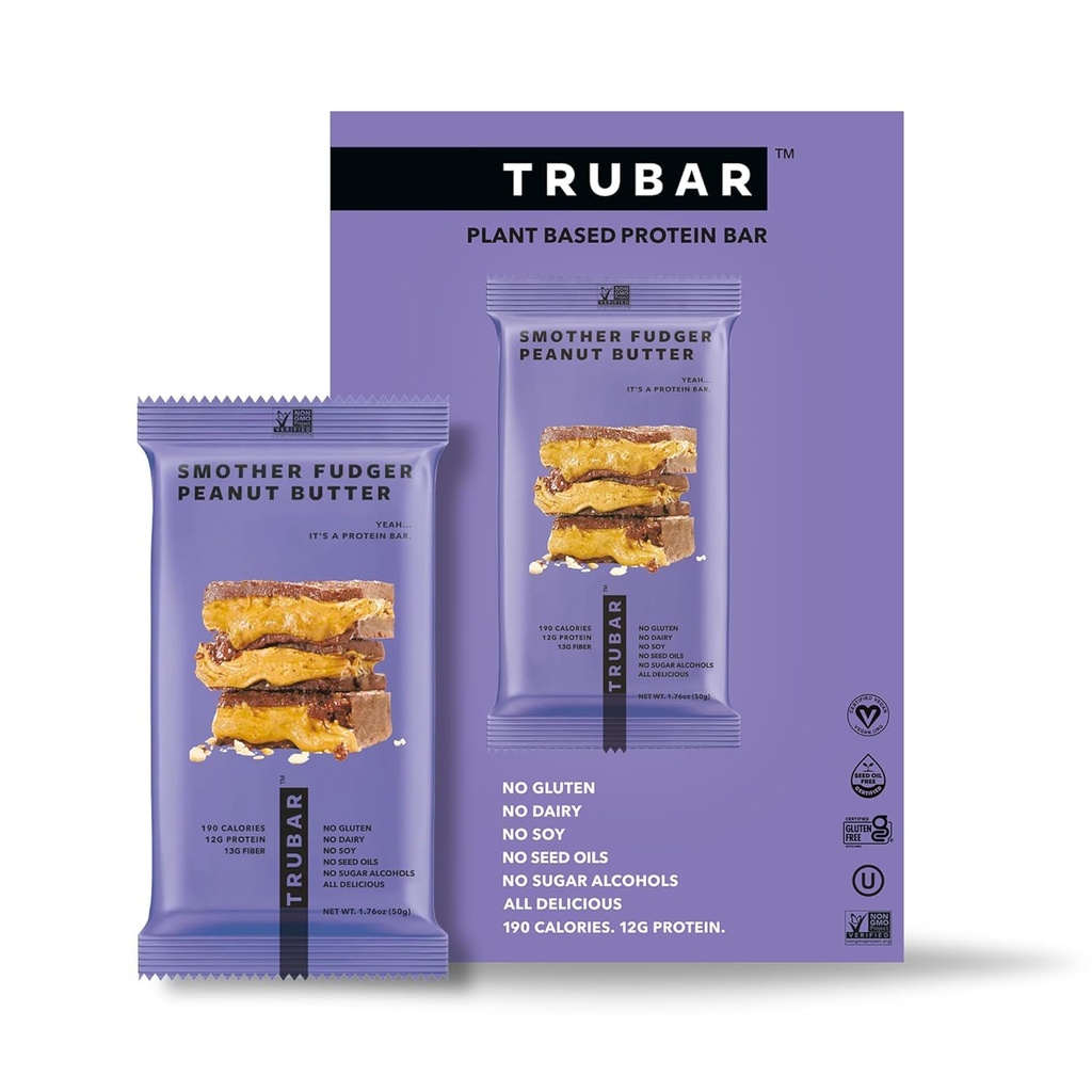 TRUBAR Vegan Protein Bars - Smother Fudger Peanut Butter, Soy Free, Dairy Free, Gluten Free Protein Bars - Ingen sukkeralkoholer - Non-GMO - 12g Protein - 12 Greve
