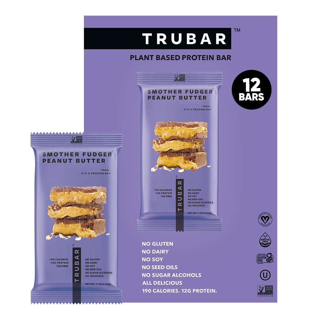 TRUBAR Vegan Protein Bars - Smother Fudger Peanut Butter, Soy Free, Dairy Free, Gluten Free Protein Bars - Ingen sukkeralkoholer - Non-GMO - 12g Protein - 12 Greve