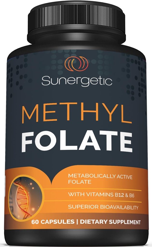 Sunergetic Premium Methyl Folate Supplement - med Methyleret vitamin B12 og B6 - Metabolisk Aktiv Folat som Magnafolat - Methylfolat 400 mcg per kapsel - 60 kapsler