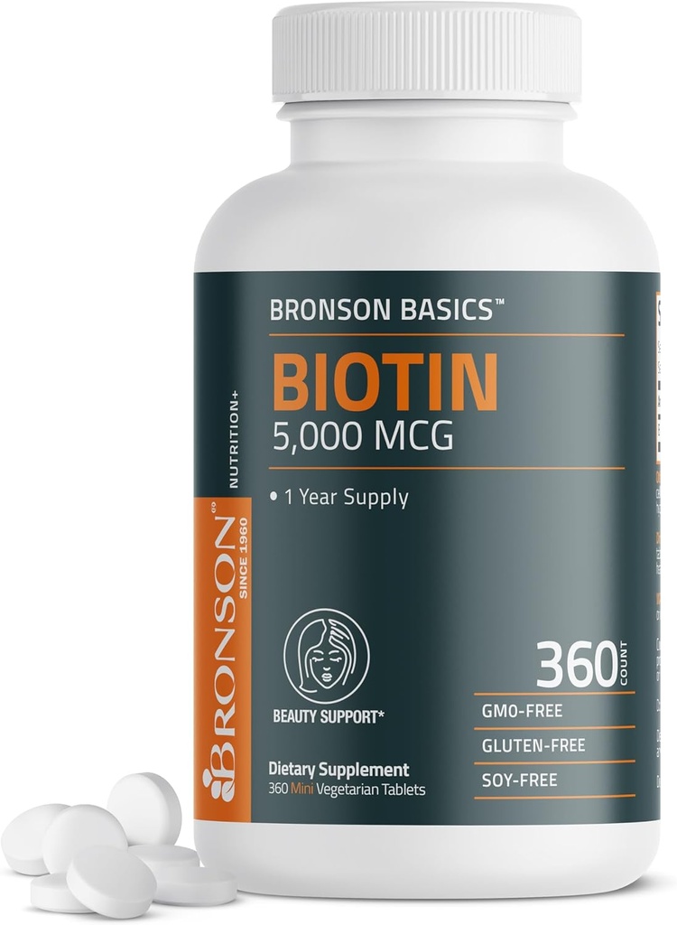 Bronson Biotin 5.000 MCG understøtter sundt hår, hud & negle & energiproduktion - høj potens skønhed støtte - non-GMO, 360 vegetariske tabletter