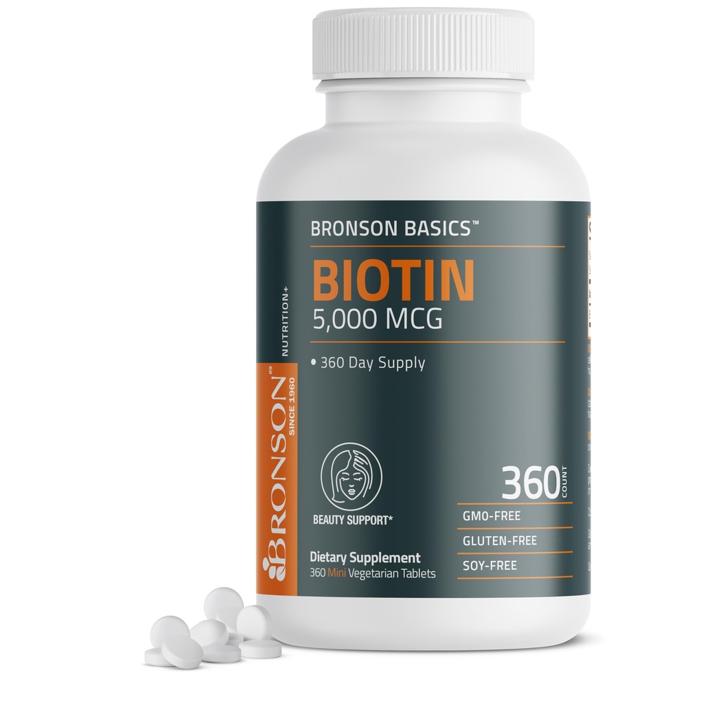 Bronson Biotin 5.000 MCG understøtter sundt hår, hud & negle & energiproduktion - høj potens skønhed støtte - non-GMO, 360 vegetariske tabletter