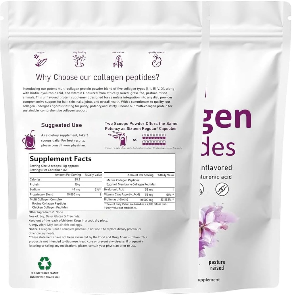 Multi Collagen Peptides, Type I, II, III, V, X, Unflavored, 1 lb (453.6 g), with Biotin, Vitamin C, Hyaluronic Acid, Grass-Fed, Pasture-Raised