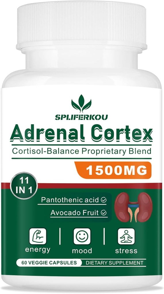 11-in-1 Adrenal Support, Cortisol Supplement med pantothensyre og Ashwagandha - Understøtter sund binyrefunktion, energi og afslapning - 60 kapsler