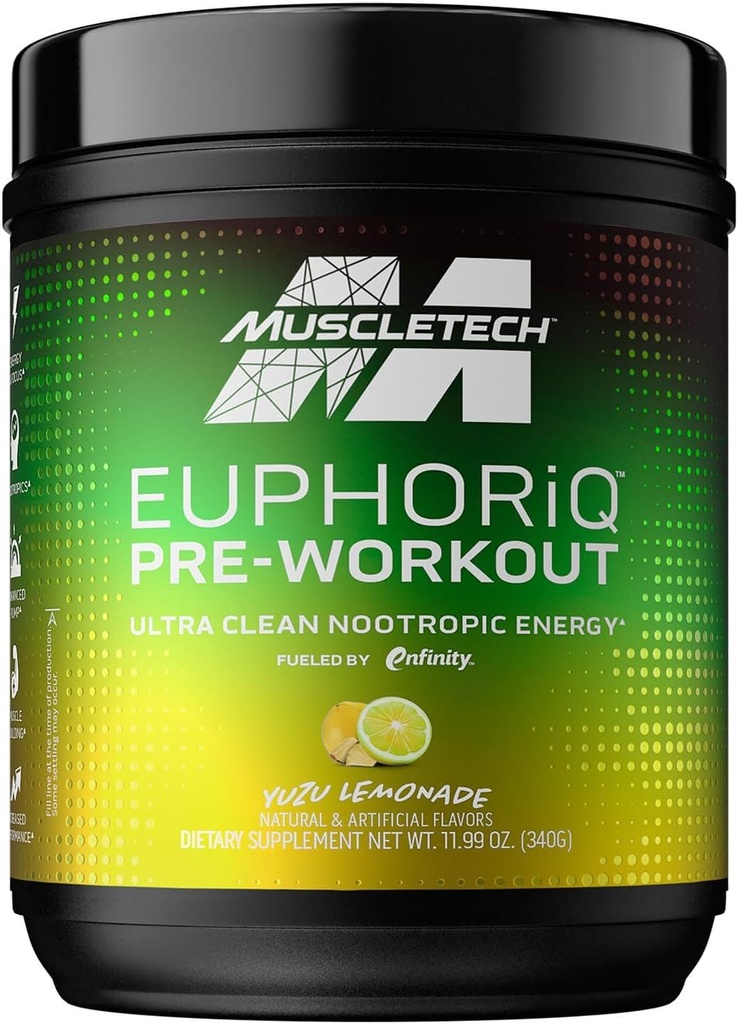 Pre Workout Powder MuscleTech EuphorQ Pre Workout Smart Pre Workout Pulver til mænd og kvinder Koffein Metabolit fueled med Paraxanthine Yuzu Lemonade (20 Servere)