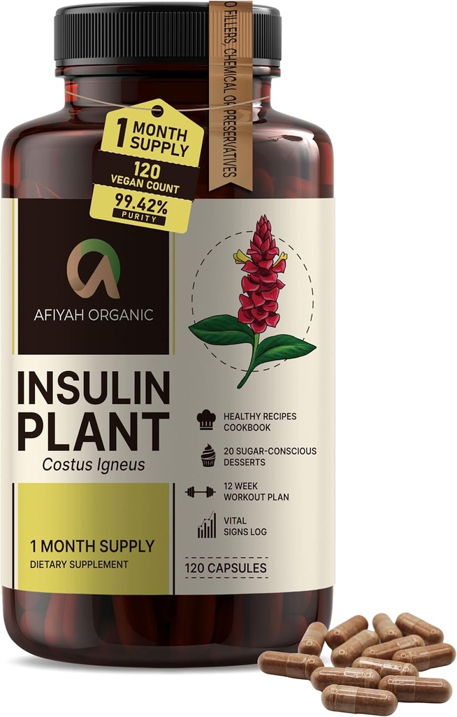 Premium Quality Costus Igneus (Insulin Plant) Kapsler - Let at synke 120 Veggie Kapsler (1 måned Tilgang) - Lavet i USA - herunder komplet helbredsprogram