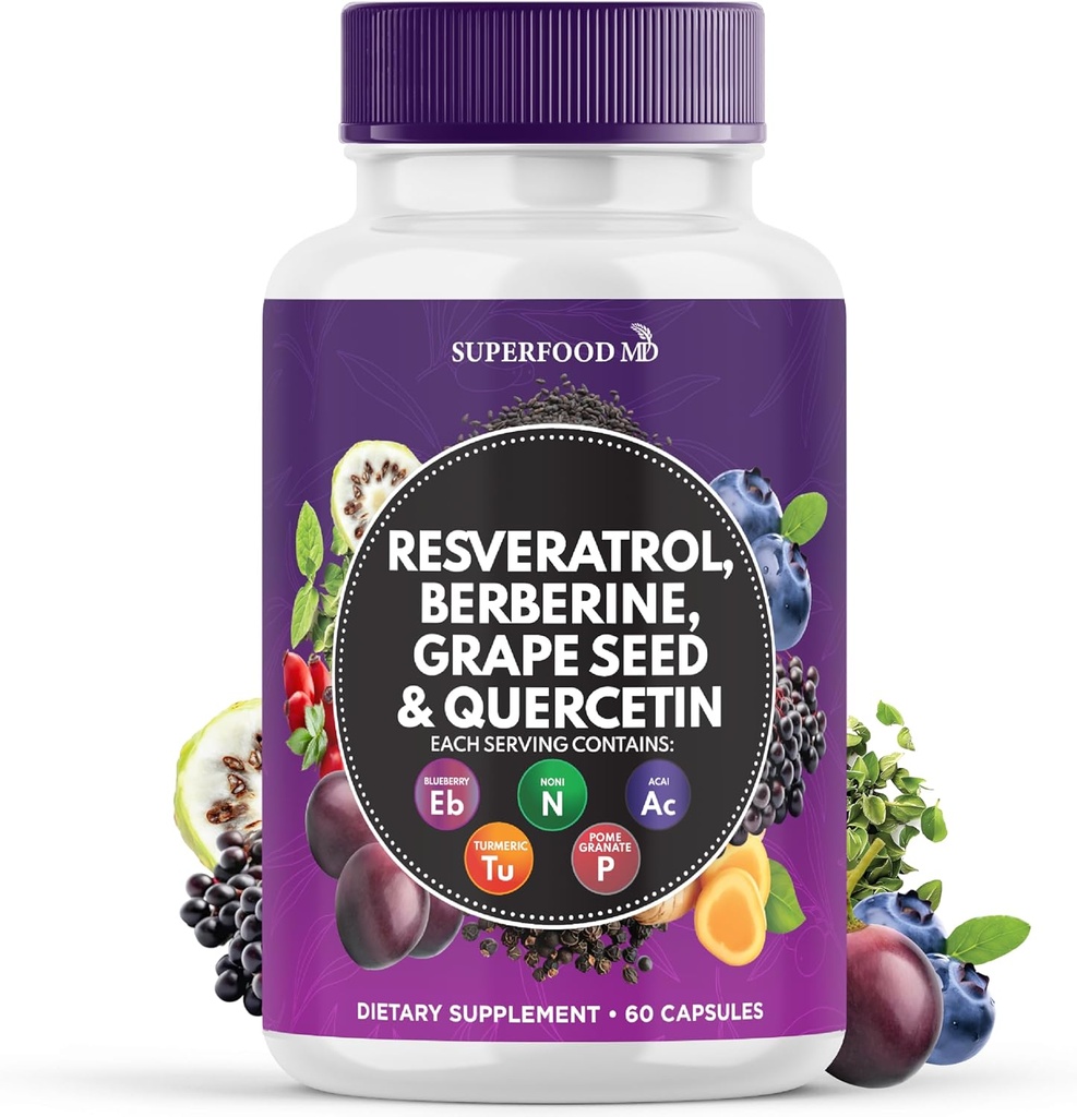 Resveratrol Berberine Grape Seed Extract Quercetin - Polyphenol tillæg med Noni Extract, N- Acetyl Cysteine, Acai Extract - Lavet i USA - 60 kapsler