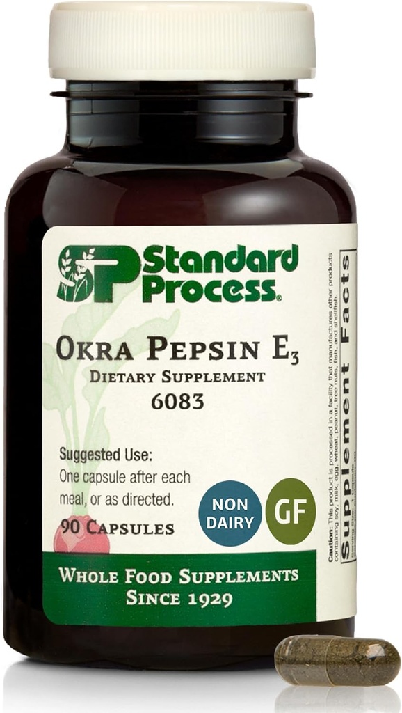 Standard Process Inc. Okra Pepsin E3 - Whole Food fordøjelsessundhed, Cholesterol, tarm og tarm rense med pepsin, Alfalfa, Spanske Moss, Boghvede og Okra, Gluten Free - 90 Kapsler