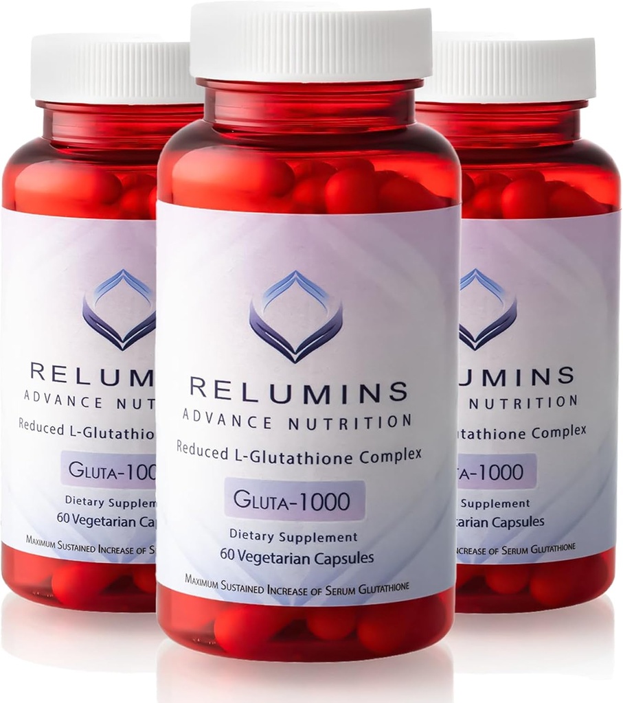 Relumins Advance Nutrition Gluta 1000 - Reduceret L- Glutathion, Alpha Lipoic Acid & Rose HIPS - Antioxidant Support for Skin & Samlet Wellness - 60 Veg kapsler x 3 flasker (90- Day Supply)