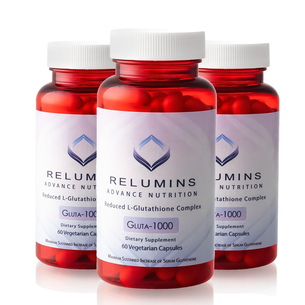 Relumins Advance Nutrition Gluta 1000 - Reduceret L- Glutathion, Alpha Lipoic Acid & Rose HIPS - Antioxidant Support for Skin & Samlet Wellness - 60 Veg kapsler x 3 flasker (90- Day Supply)