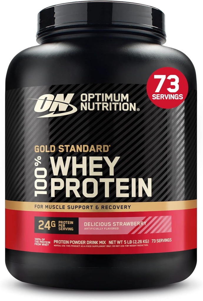 Optimum Nutrition Gold Standard 100% Whey Protein Powder, Lækker Jordbær, 5 Pund (Packaging May Vary)