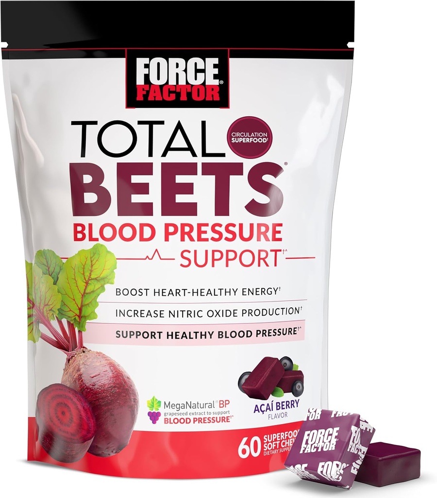 Kraftfaktor Total Beets Blood Pressure Support Kosttilskud med Beet Powder, Great- Tasting Beets Chewables for Heart- Sund energi, og øget nitrogenoxid, 60 Chews