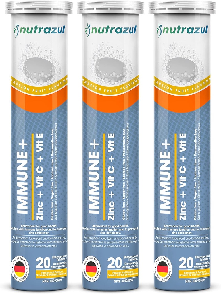 Nutrazul Immunum + Effervescent Tablets Name 124; C-vitamin og zink med E-vitamin Tlf. 124; 60 tabletter + 124; immunsupport til voksne & Kids} 124; Ideel til influenza Sæsonbeskyttelse; Passionsfrugtsmag