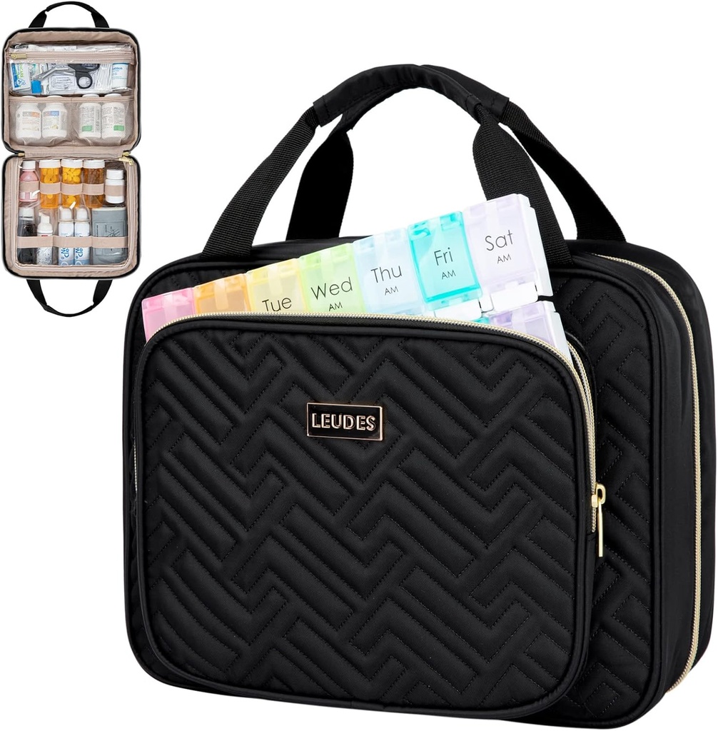 Leudes Travel Pill Flaske Organizer, Medicin Organizer og Opbevaring, Home Medication Bag, Cases, Carrier til piller, Vitamin, Fish Oil, Kosttilskud til kvinder og mænd (stor, sort)