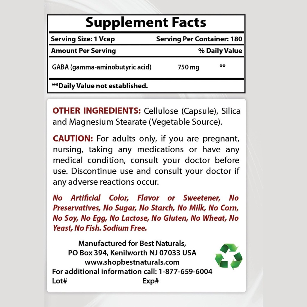 Bedste Naturals GABA Supplement 750mg & L- Theanine 200mg