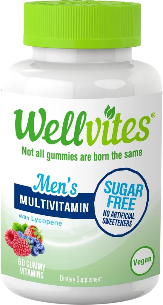Wellvites Sugar Free Multivitamin Gummies for Men, Vegan and Non- GMO - Vitamin A, B6 og B12, Biotin og Folate, Vitaminer for Mænd, Ingen kunstige sødestoffer, Gluten- Free, 60 Greve (30 Day Supply)