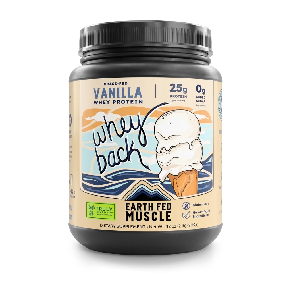Earth Fed Muscle Whey Back Irish Grass Fed Whey Protein Isolate - NSF- Certified. Ingen kunstige ingredienser, Soy Free, Gluten Free, Non- GMO og Hormone Free (2 Pund, 29 Servere, Vanilla)