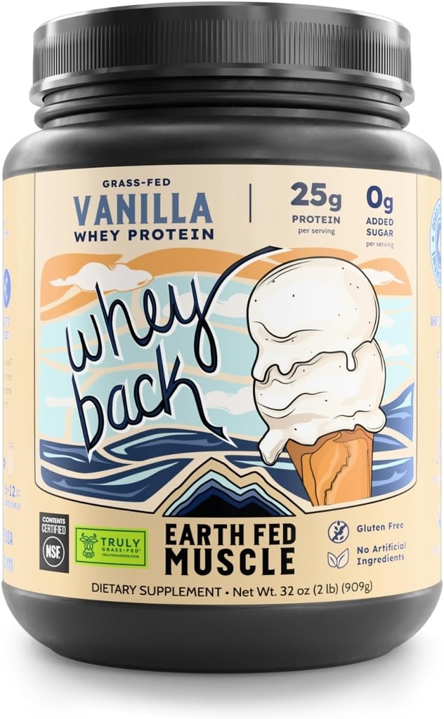 Earth Fed Muscle Whey Back Irish Grass Fed Whey Protein Isolate - NSF- Certified. Ingen kunstige ingredienser, Soy Free, Gluten Free, Non- GMO og Hormone Free (2 Pund, 29 Servere, Vanilla)